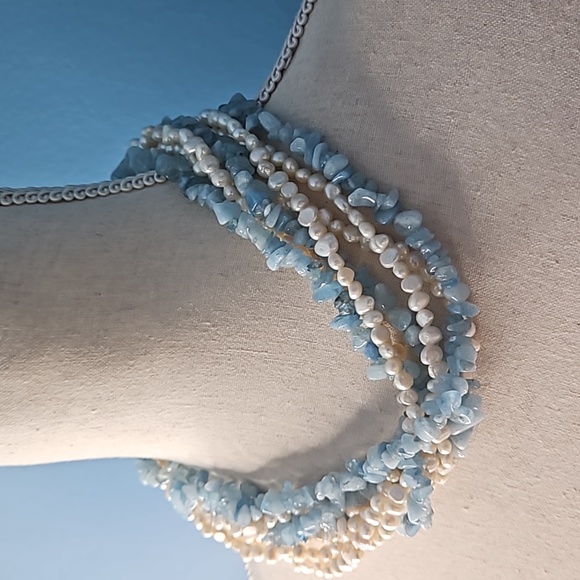 Vintage Aquamarine Blue Stones And Creamy White Pearl Multi Strand Necklace - Picture 4 of 7
